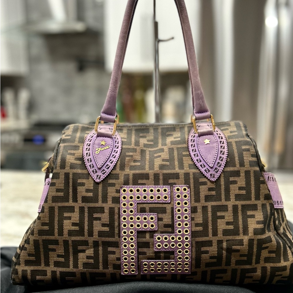 Fendi Zucca Authentic FF Du Jour Brown and Purple Satchel